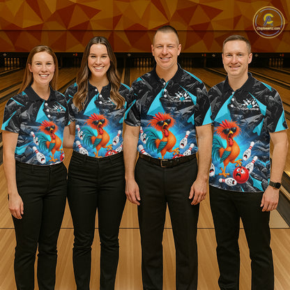 Custom Turquoise Funny Chicken Bowling Team Jerseys for Men Bowling League Polo & 1/4 Zip HNT575