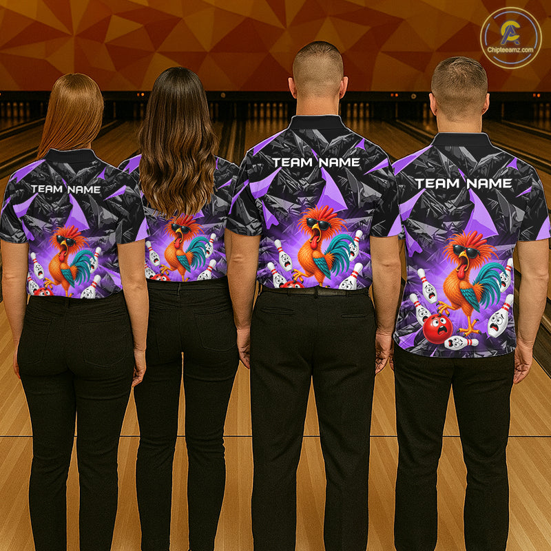 Custom Purple Funny Chicken Bowling Team Jerseys for Men Bowling League Polo & 1/4 Zip HNT575