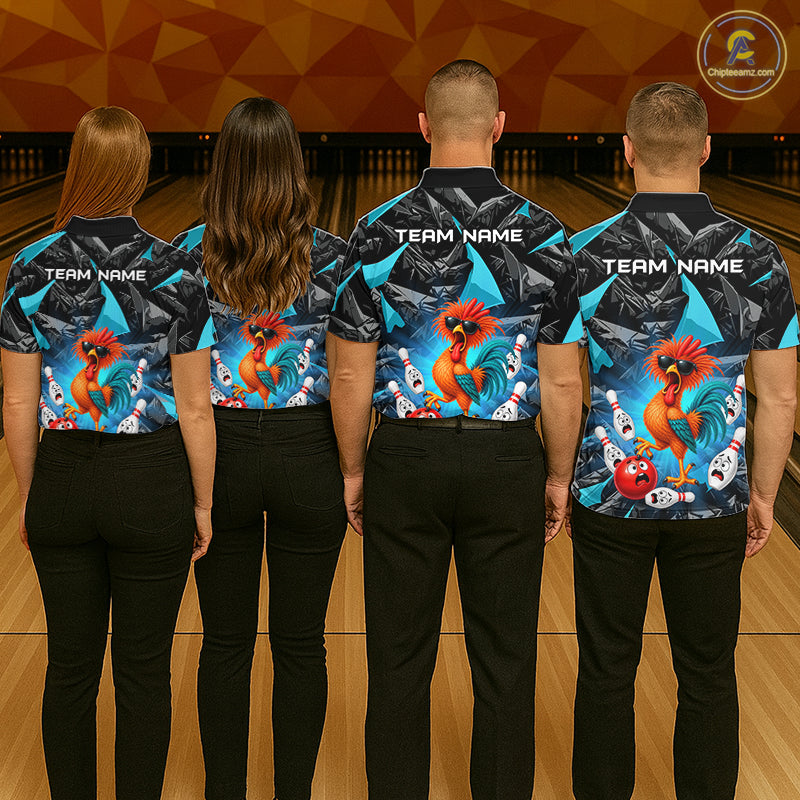 Custom Turquoise Funny Chicken Bowling Team Jerseys for Men Bowling League Polo & 1/4 Zip HNT575