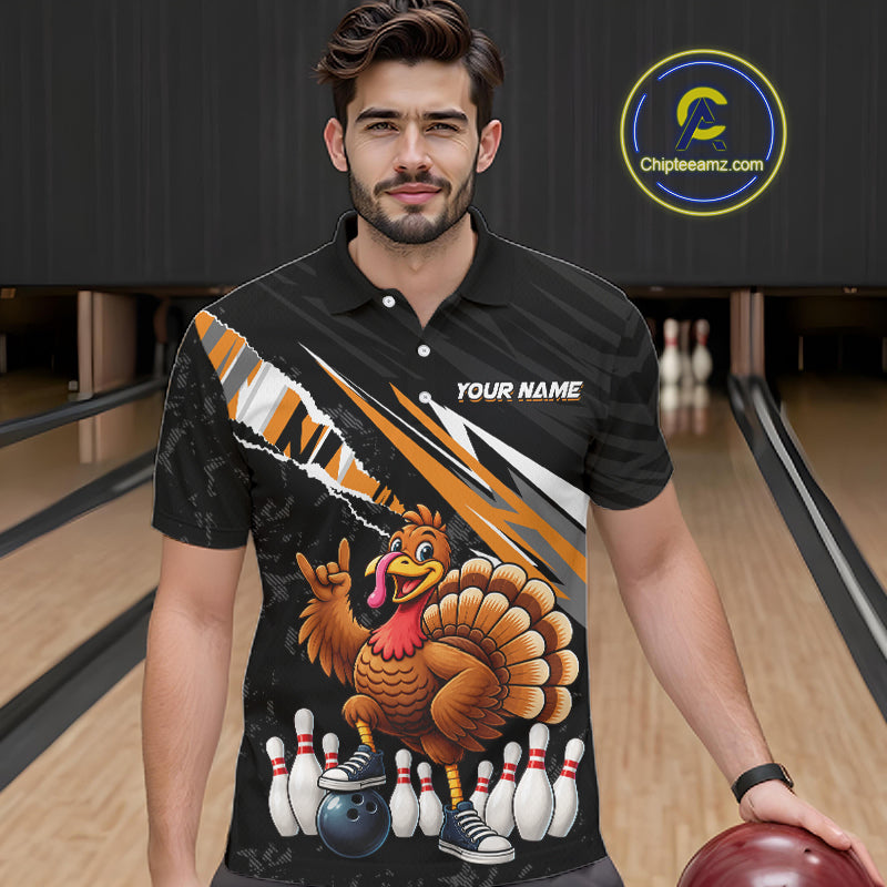 Custom Orange Turkey Bowling Shirts For Men, Thanksgiving Bowling Team Jerseys for Bowler HNT595