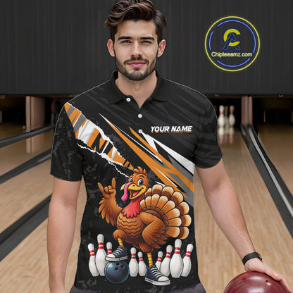 Custom Orange Turkey Bowling Shirts For Men, Thanksgiving Bowling Team Jerseys for Bowler HNT595