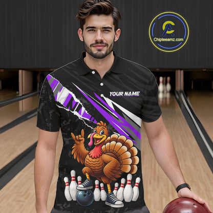 Custom Purple Turkey Bowling Shirts For Men, Thanksgiving Bowling Team Jerseys for Bowler HNT595