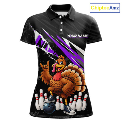 Custom Purple Turkey Bowling Shirts For Women, Thanksgiving Bowling Team Jerseys for Bowler HNT595