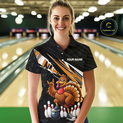 Custom Orange Turkey Bowling Shirts For Women, Thanksgiving Bowling Team Jerseys for Bowler HNT595