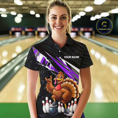 Custom Purple Turkey Bowling Shirts For Women, Thanksgiving Bowling Team Jerseys for Bowler HNT595