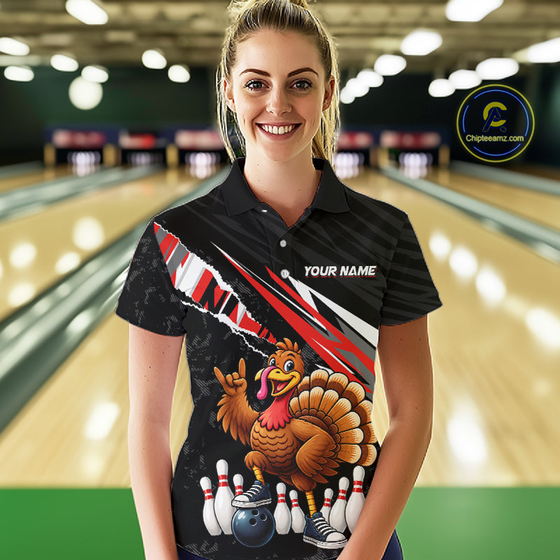 Custom Red Turkey Bowling Shirts For Women, Thanksgiving Bowling Team Jerseys for Bowler HNT595