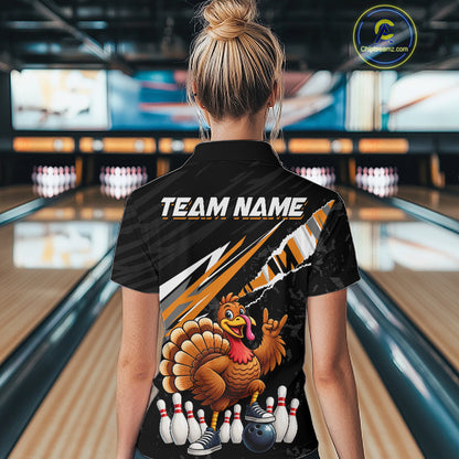 Custom Orange Turkey Bowling Shirts For Women, Thanksgiving Bowling Team Jerseys for Bowler HNT595