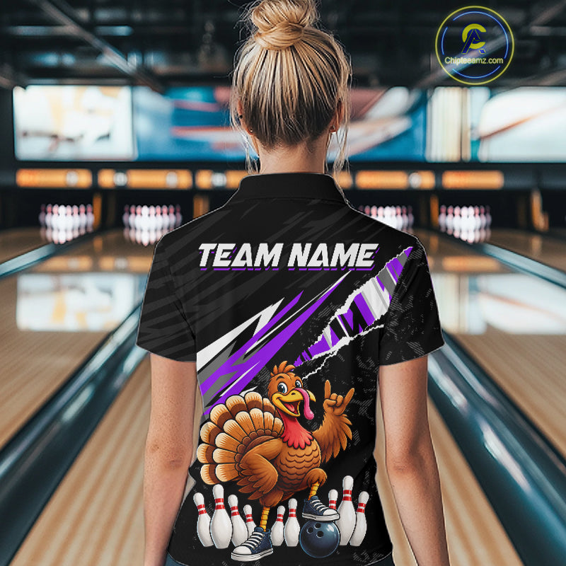 Custom Purple Turkey Bowling Shirts For Women, Thanksgiving Bowling Team Jerseys for Bowler HNT595