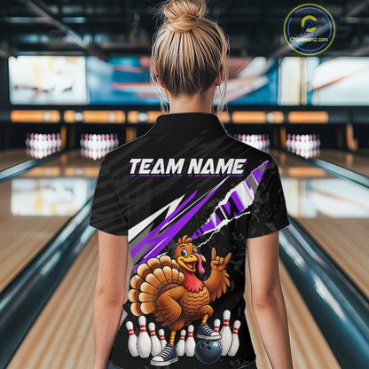 Custom Purple Turkey Bowling Shirts For Women, Thanksgiving Bowling Team Jerseys for Bowler HNT595