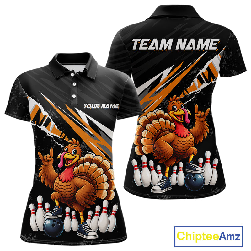 Custom Orange Turkey Bowling Shirts For Women, Thanksgiving Bowling Team Jerseys for Bowler HNT595
