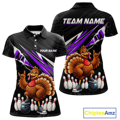 Custom Purple Turkey Bowling Shirts For Women, Thanksgiving Bowling Team Jerseys for Bowler HNT595