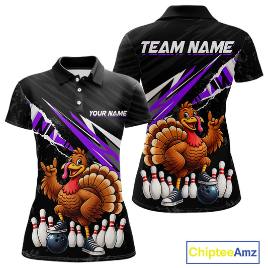 Custom Purple Turkey Bowling Shirts For Women, Thanksgiving Bowling Team Jerseys for Bowler HNT595