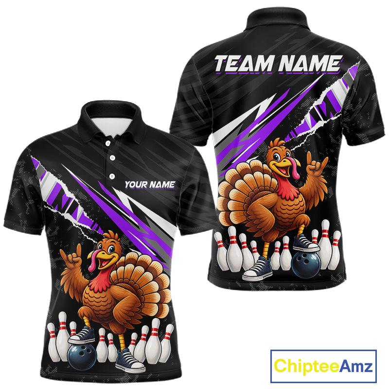 Custom Purple Turkey Bowling Shirts For Men, Thanksgiving Bowling Team Jerseys for Bowler HNT595