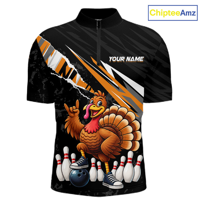 Custom Orange Turkey Bowling Shirts For Men, Thanksgiving Bowling Team Jerseys for Bowler HNT595