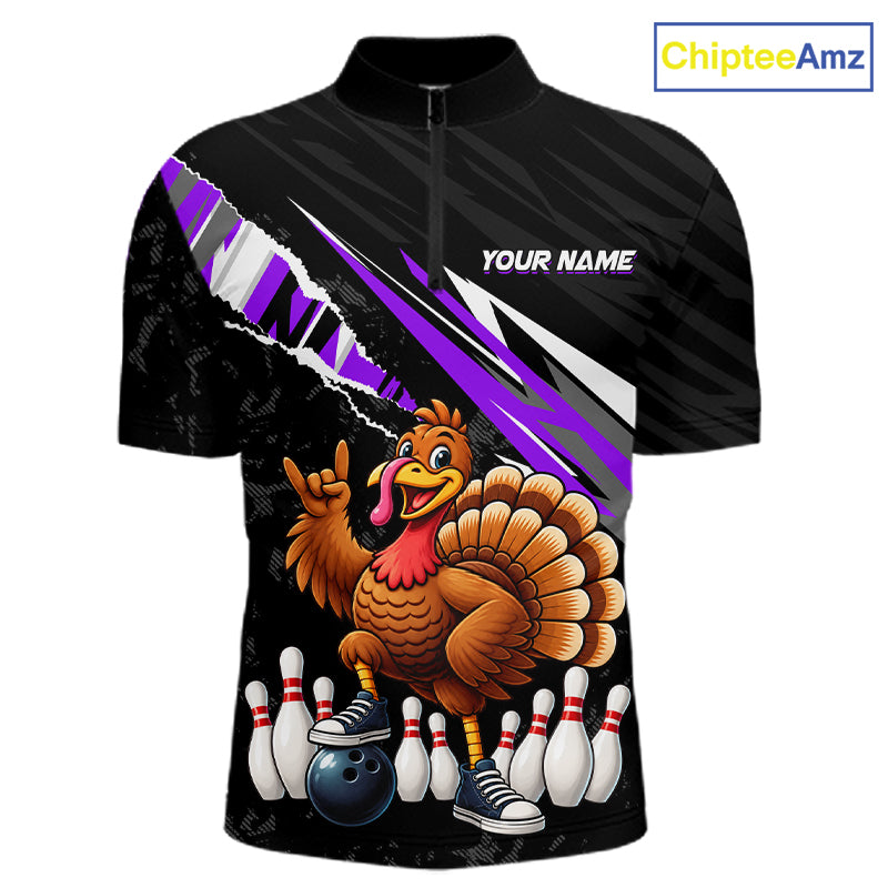 Custom Purple Turkey Bowling Shirts For Men, Thanksgiving Bowling Team Jerseys for Bowler HNT595