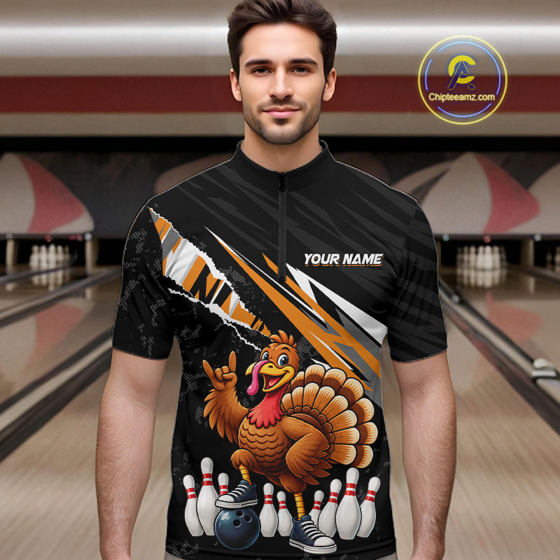 Custom Orange Turkey Bowling Shirts For Men, Thanksgiving Bowling Team Jerseys for Bowler HNT595