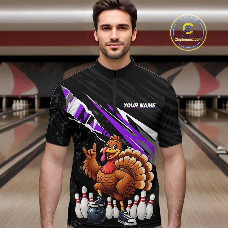 Custom Purple Turkey Bowling Shirts For Men, Thanksgiving Bowling Team Jerseys for Bowler HNT595