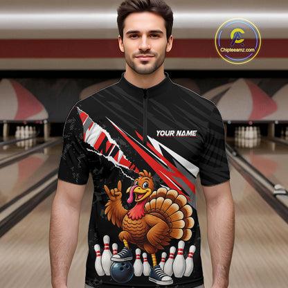 Custom Red Turkey Bowling Shirts For Men, Thanksgiving Bowling Team Jerseys for Bowler HNT595