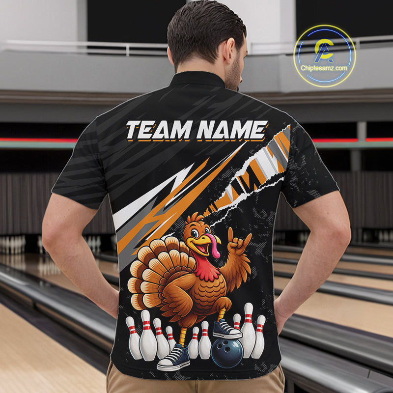 Custom Orange Turkey Bowling Shirts For Men, Thanksgiving Bowling Team Jerseys for Bowler HNT595