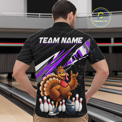 Custom Purple Turkey Bowling Shirts For Men, Thanksgiving Bowling Team Jerseys for Bowler HNT595