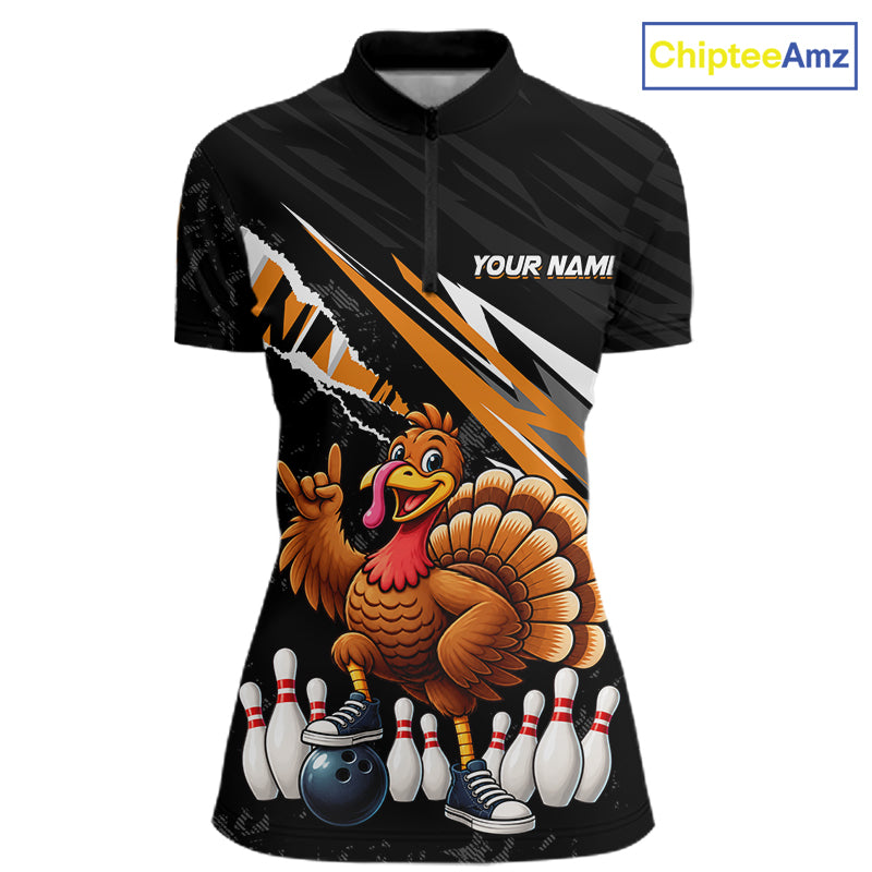 Custom Orange Turkey Bowling Shirts For Women, Thanksgiving Bowling Team Jerseys for Bowler HNT595