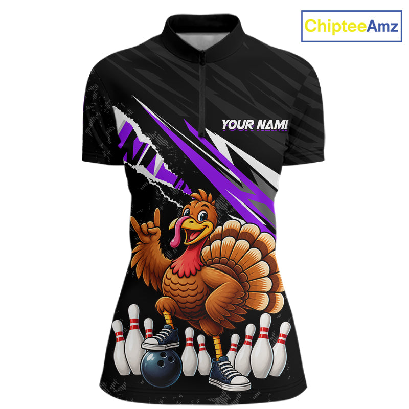 Custom Purple Turkey Bowling Shirts For Women, Thanksgiving Bowling Team Jerseys for Bowler HNT595