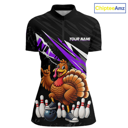Custom Purple Turkey Bowling Shirts For Women, Thanksgiving Bowling Team Jerseys for Bowler HNT595