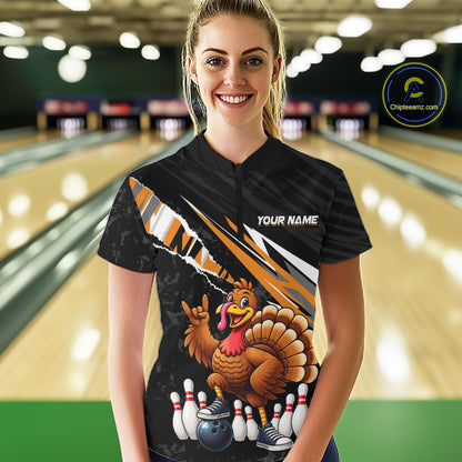 Custom Orange Turkey Bowling Shirts For Women, Thanksgiving Bowling Team Jerseys for Bowler HNT595