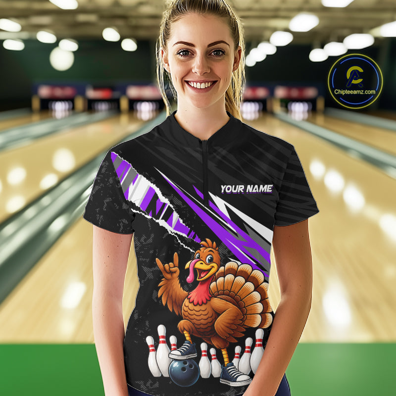 Custom Purple Turkey Bowling Shirts For Women, Thanksgiving Bowling Team Jerseys for Bowler HNT595