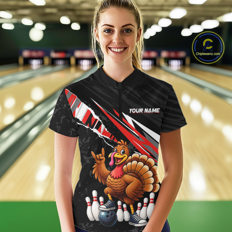 Custom Red Turkey Bowling Shirts For Women, Thanksgiving Bowling Team Jerseys for Bowler HNT595