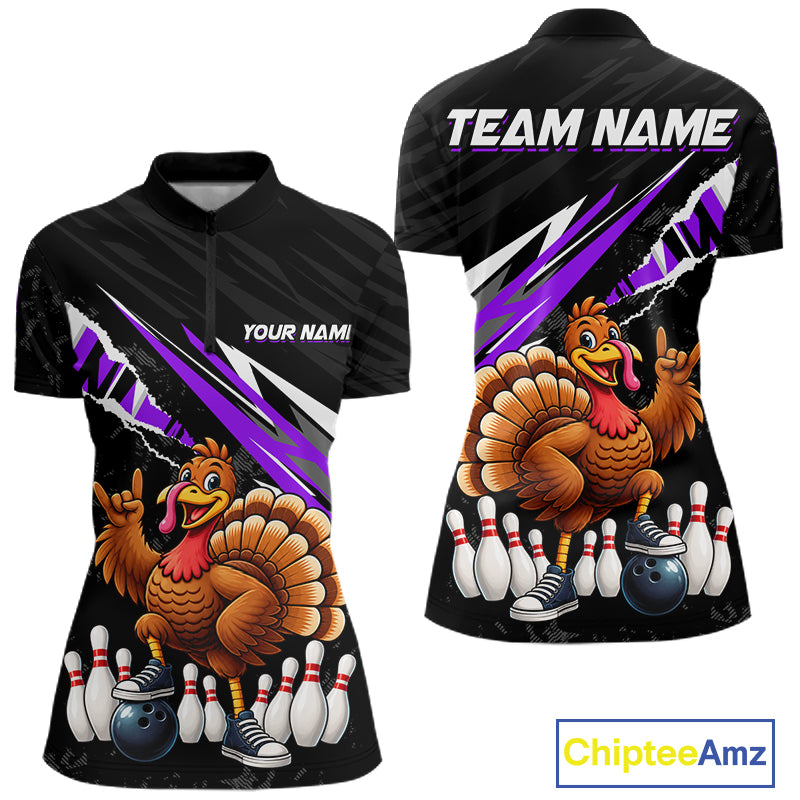 Custom Purple Turkey Bowling Shirts For Women, Thanksgiving Bowling Team Jerseys for Bowler HNT595