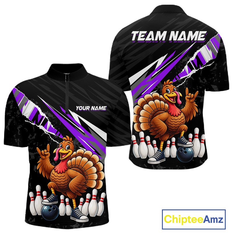 Custom Purple Turkey Bowling Shirts For Men, Thanksgiving Bowling Team Jerseys for Bowler HNT595