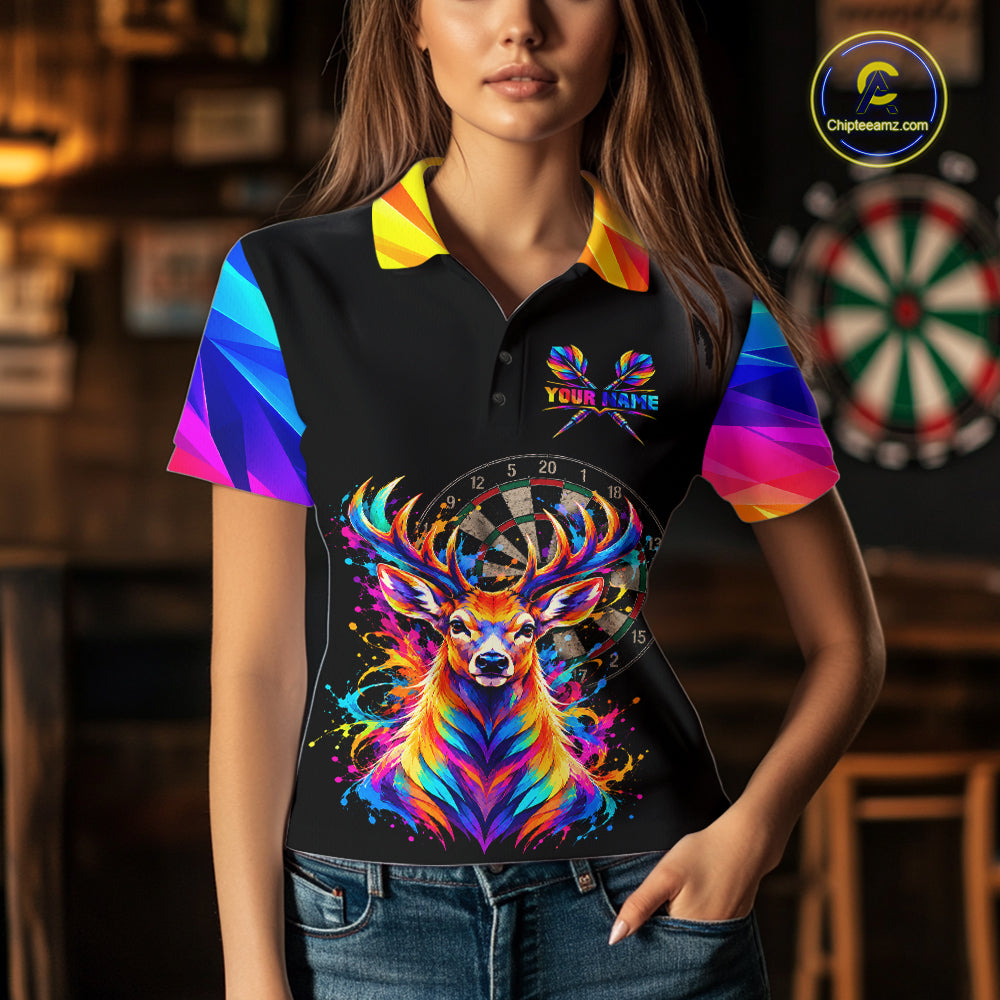Colorful Deer Dartboard Custom Dart Shirts for Women Funny Dart Team Jerseys Polo & 1/4Zip NNT366