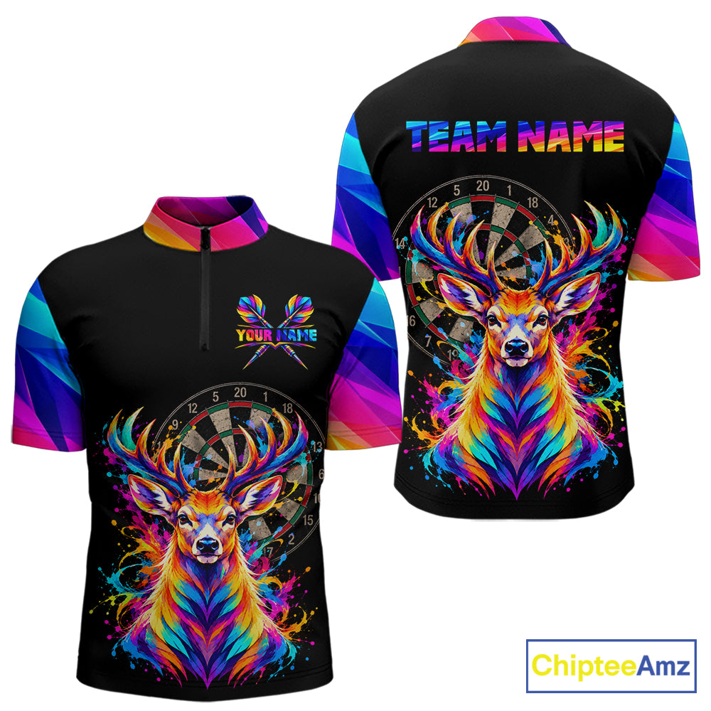 Colorful Deer Dartboard Custom Dart Shirts for Men Funny Dart Team Jerseys Polo & 1/4Zip NNT366