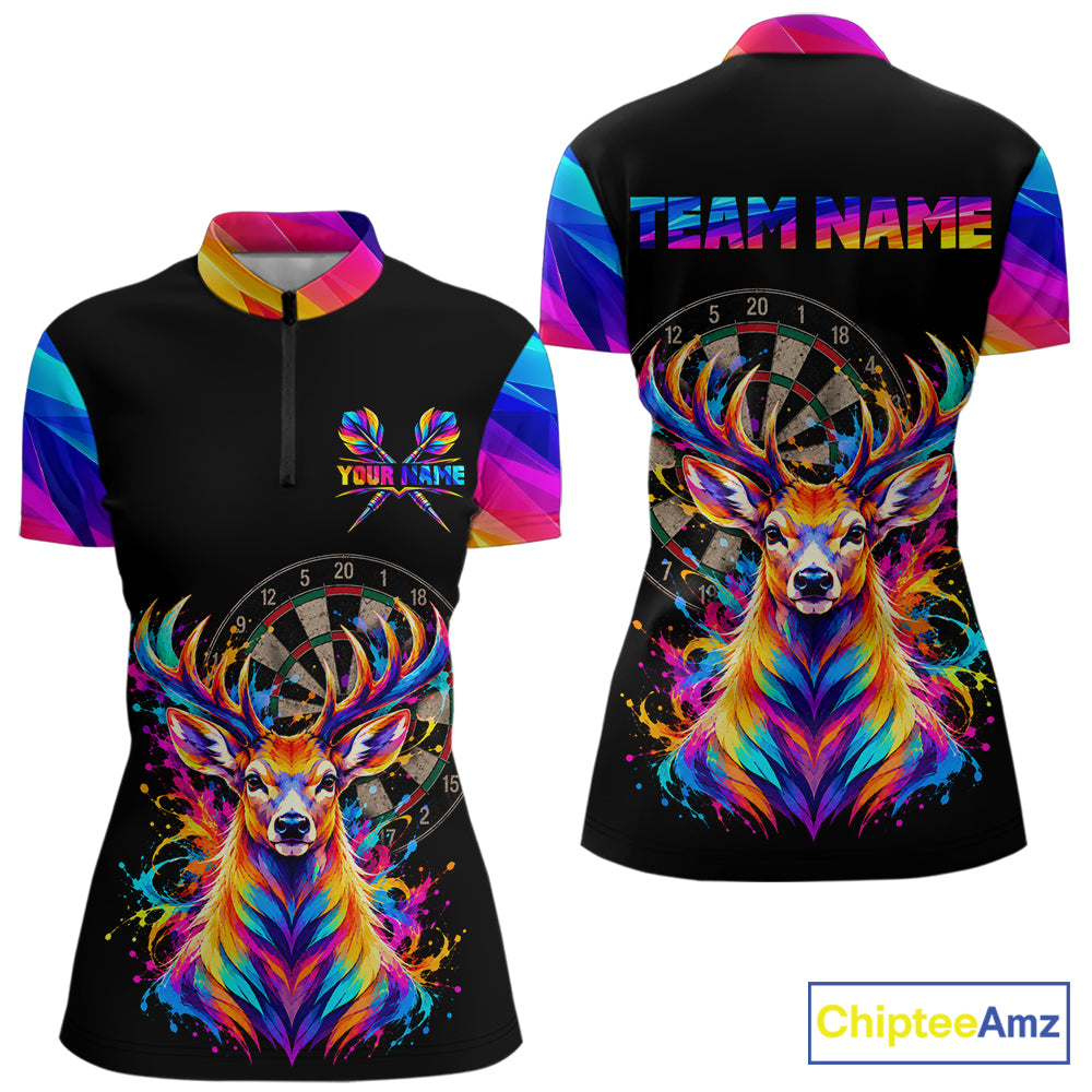 Colorful Deer Dartboard Custom Dart Shirts for Women Funny Dart Team Jerseys Polo & 1/4Zip NNT366