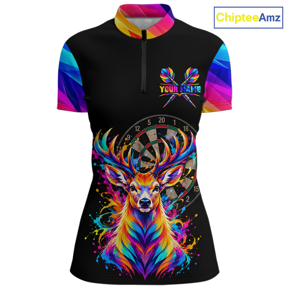 Colorful Deer Dartboard Custom Dart Shirts for Women Funny Dart Team Jerseys Polo & 1/4Zip NNT366