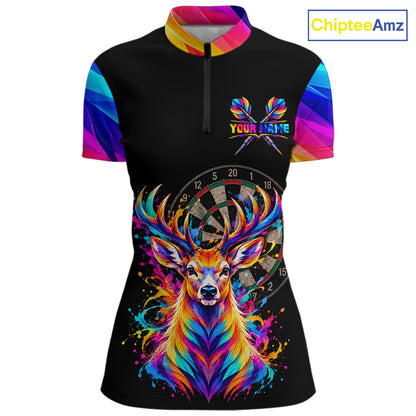 Colorful Deer Dartboard Custom Dart Shirts for Women Funny Dart Team Jerseys Polo & 1/4Zip NNT366