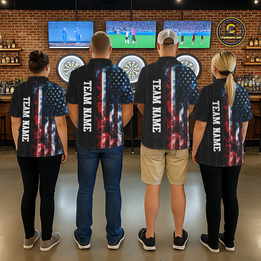 USA Flag Grunge Dartboard Custom Dart Shirts for Men Dart Team Jerseys Polo & 1/4 Zip NNT368