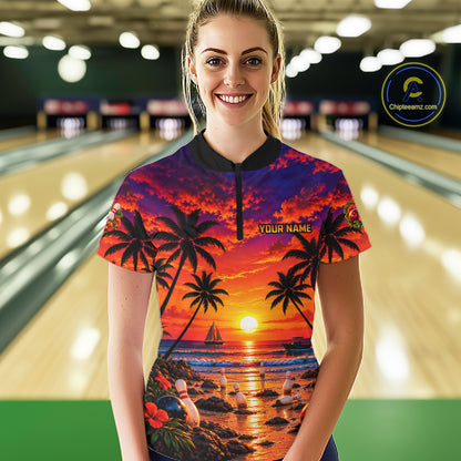 Custom Beach Sunset Bowling Team Jersey Bowling Shirts for Women Bowling Tournament for Bowler HNT665
