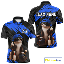 Load image into Gallery viewer, Custom Funny Cat Blue Bowling Jersey for Men Bowling Polo &amp; 1/4 Zip Bowling Team Shirts HNT198