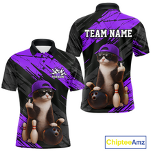 Load image into Gallery viewer, Custom Funny Cat Purple Bowling Jersey for Men Bowling Polo &amp; 1/4 Zip Bowling Team Shirts HNT198