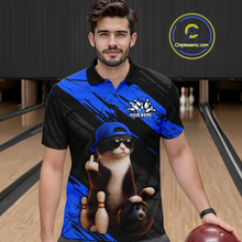 Load image into Gallery viewer, Custom Funny Cat Blue Bowling Jersey for Men Bowling Polo &amp; 1/4 Zip Bowling Team Shirts HNT198