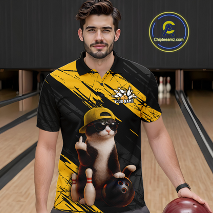 Custom Funny Cat Yellow Bowling Jersey for Men Bowling Polo & 1/4 Zip Bowling Team Shirts HNT198
