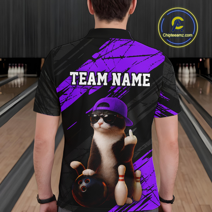 Custom Funny Cat Purple Bowling Jersey for Men Bowling Polo & 1/4 Zip Bowling Team Shirts HNT198