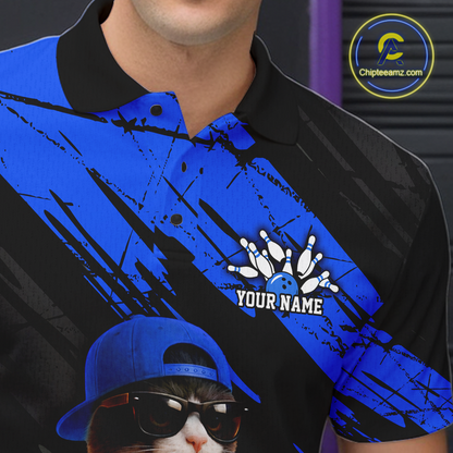 Custom Funny Cat Blue Bowling Jersey for Men Bowling Polo & 1/4 Zip Bowling Team Shirts HNT198