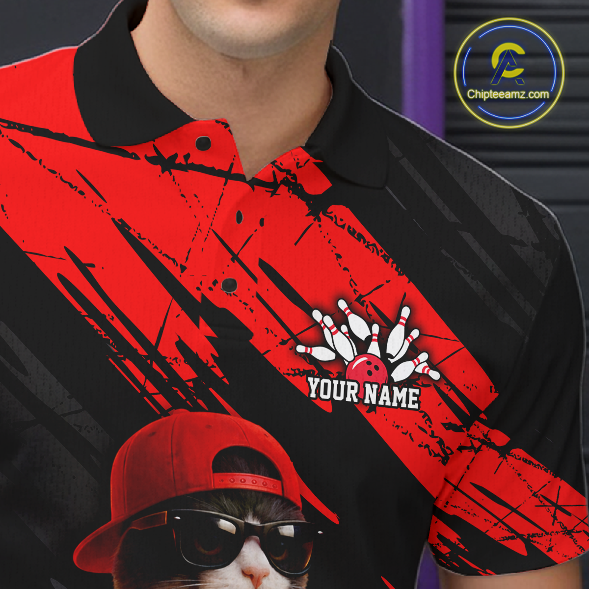 Custom Funny Cat Red Bowling Jersey for Men Bowling Polo & 1/4 Zip Bowling Team Shirts HNT198