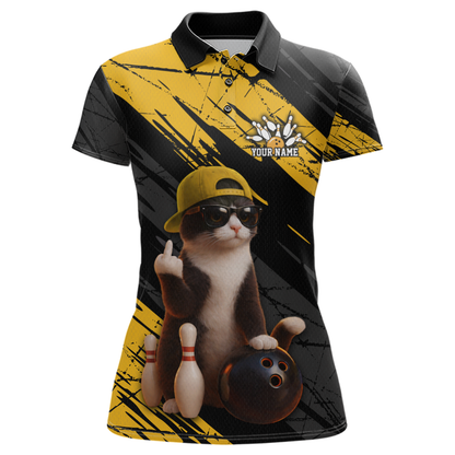 Custom Funny Cat Yellow Bowling Jersey for Women Bowling Polo & 1/4 Zip Bowling Team Shirts HNT198