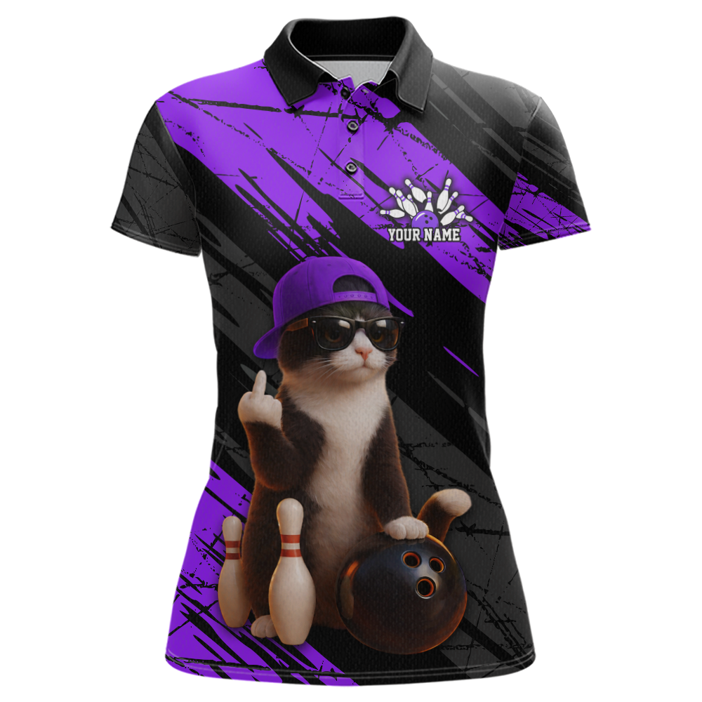 Custom Funny Cat Purple Bowling Jersey for Women Bowling Polo & 1/4 Zip Bowling Team Shirts HNT198