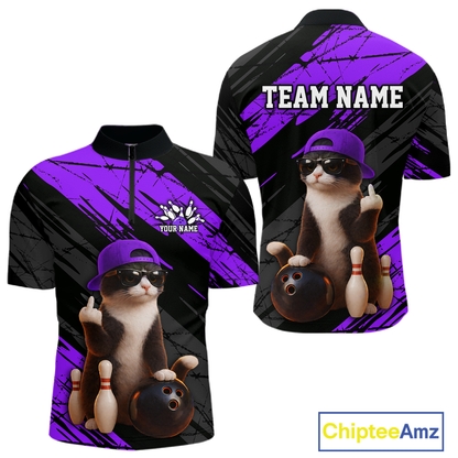 Custom Funny Cat Purple Bowling Jersey for Men Bowling Polo & 1/4 Zip Bowling Team Shirts HNT198