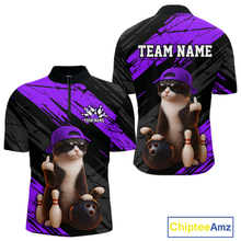 Load image into Gallery viewer, Custom Funny Cat Purple Bowling Jersey for Men Bowling Polo &amp; 1/4 Zip Bowling Team Shirts HNT198